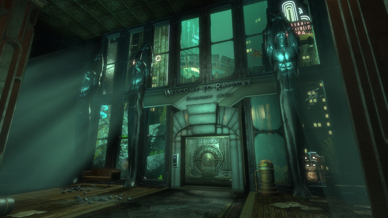 The Welcome to Rapture entrance hall with Art Deco caryatid figures flanking the Securis door, underwater cityscape visible through the glass walls, debris scattered on the floor