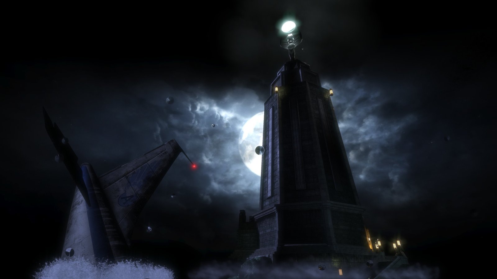 The BioShock lighthouse rising from the dark Atlantic waters at night, a vertical beam of light cutting through the storm, the plane's tail visible in the waves