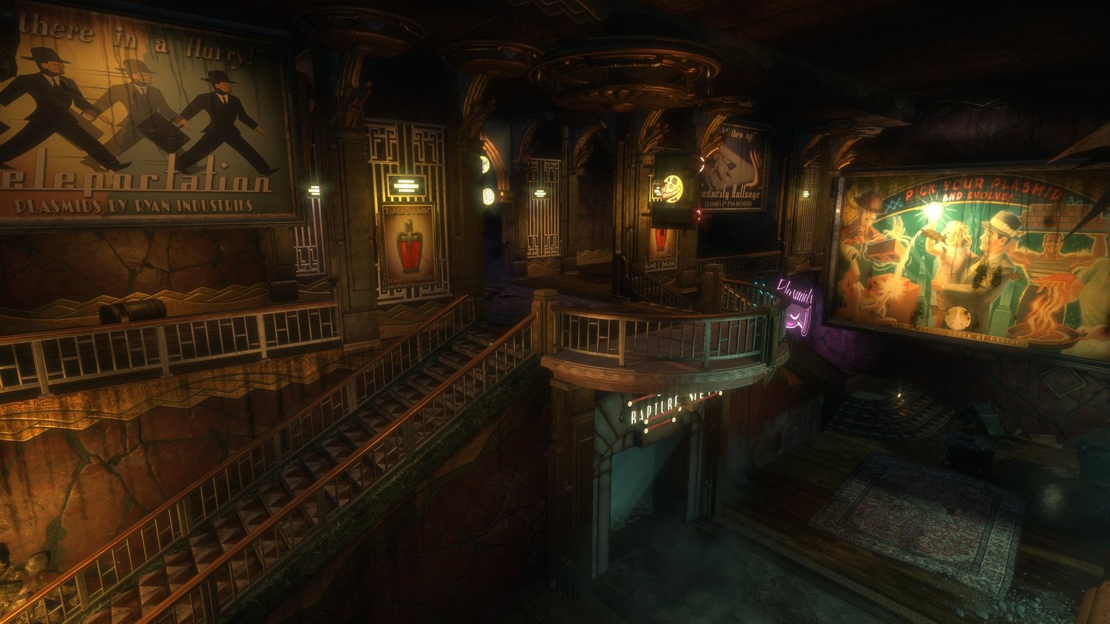 A multi-level Art Deco commercial interior in Rapture showing period advertising posters, brass railings, neon Plasmid signage, and ornate geometric ceiling details