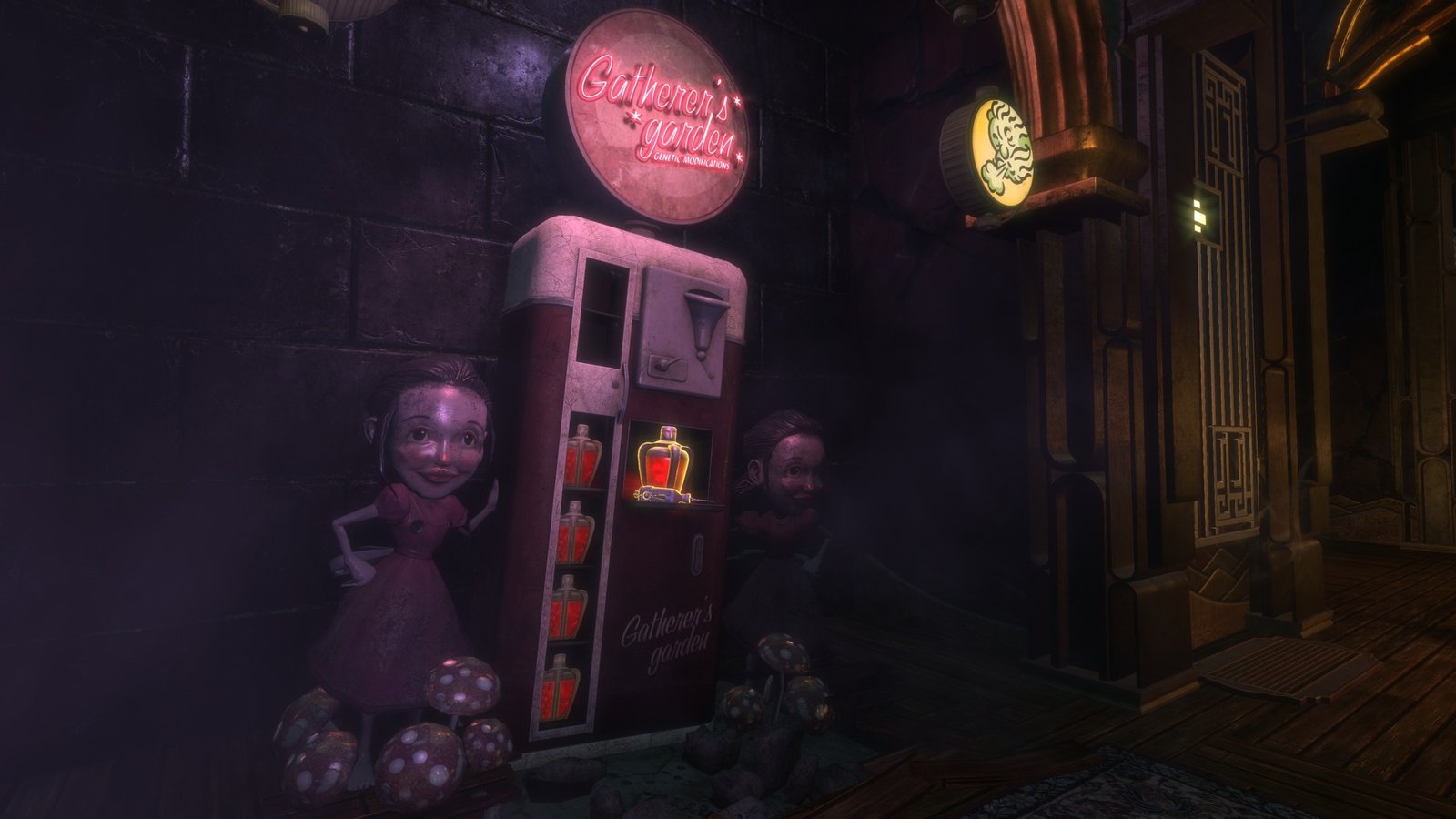 A dark corridor in Rapture with the Gatherer's Garden vending machine glowing with neon signage, Art Deco geometric patterns on the adjoining wall